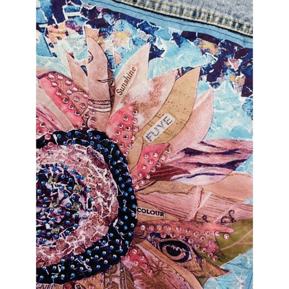 J.NNA Women's Distressed Denim Jean Jacket Small Flower Patch Beads Sequins - Picture 13 of 14